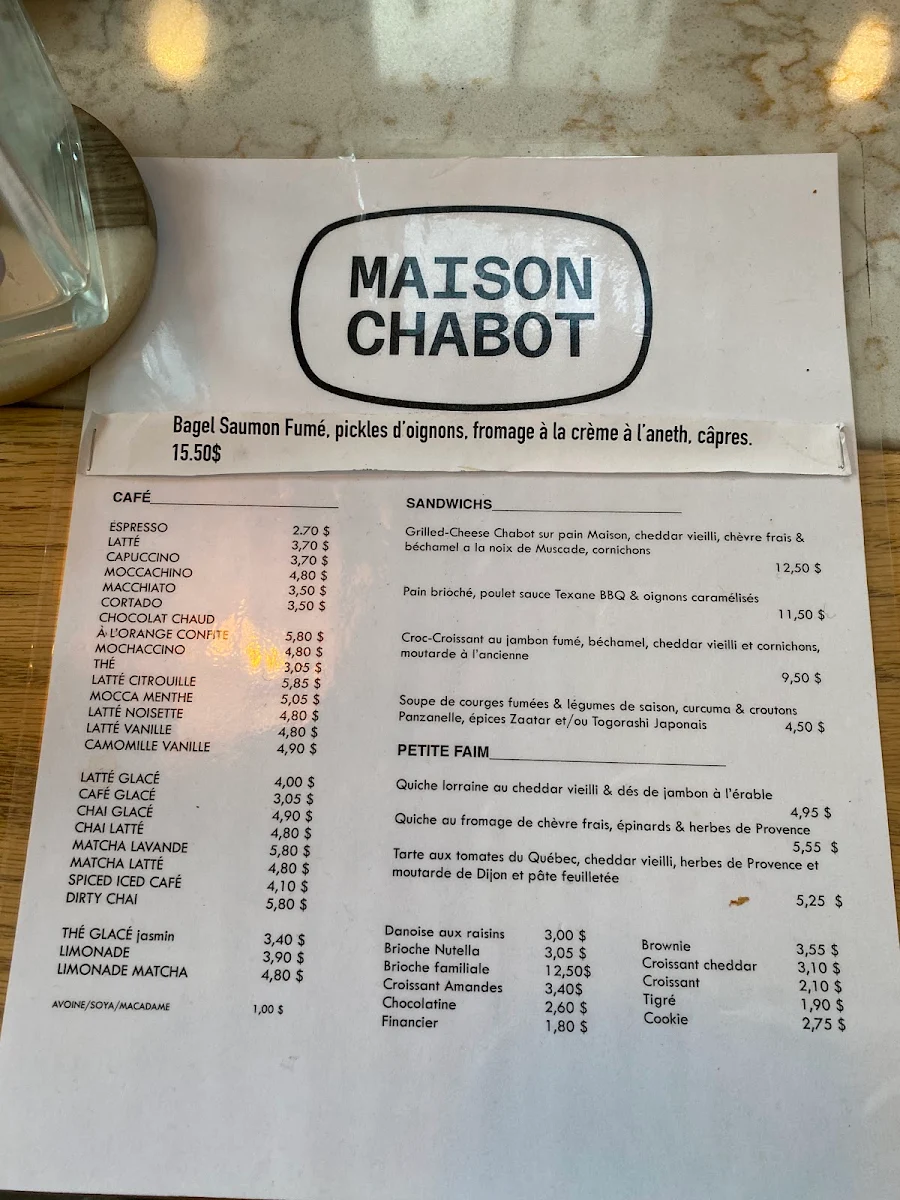 Menu, Café Maison Chabot