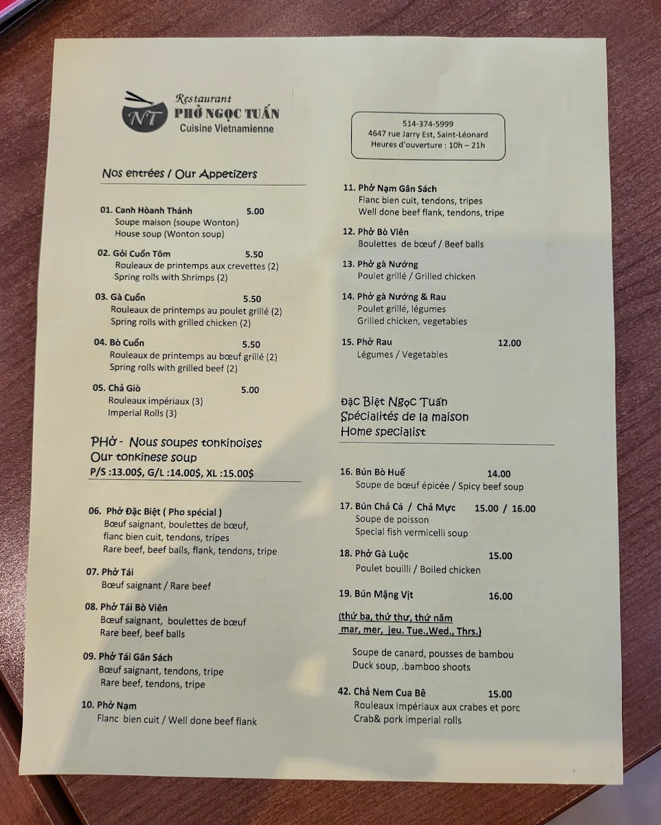 Menu, Pho Ngoc Tuan