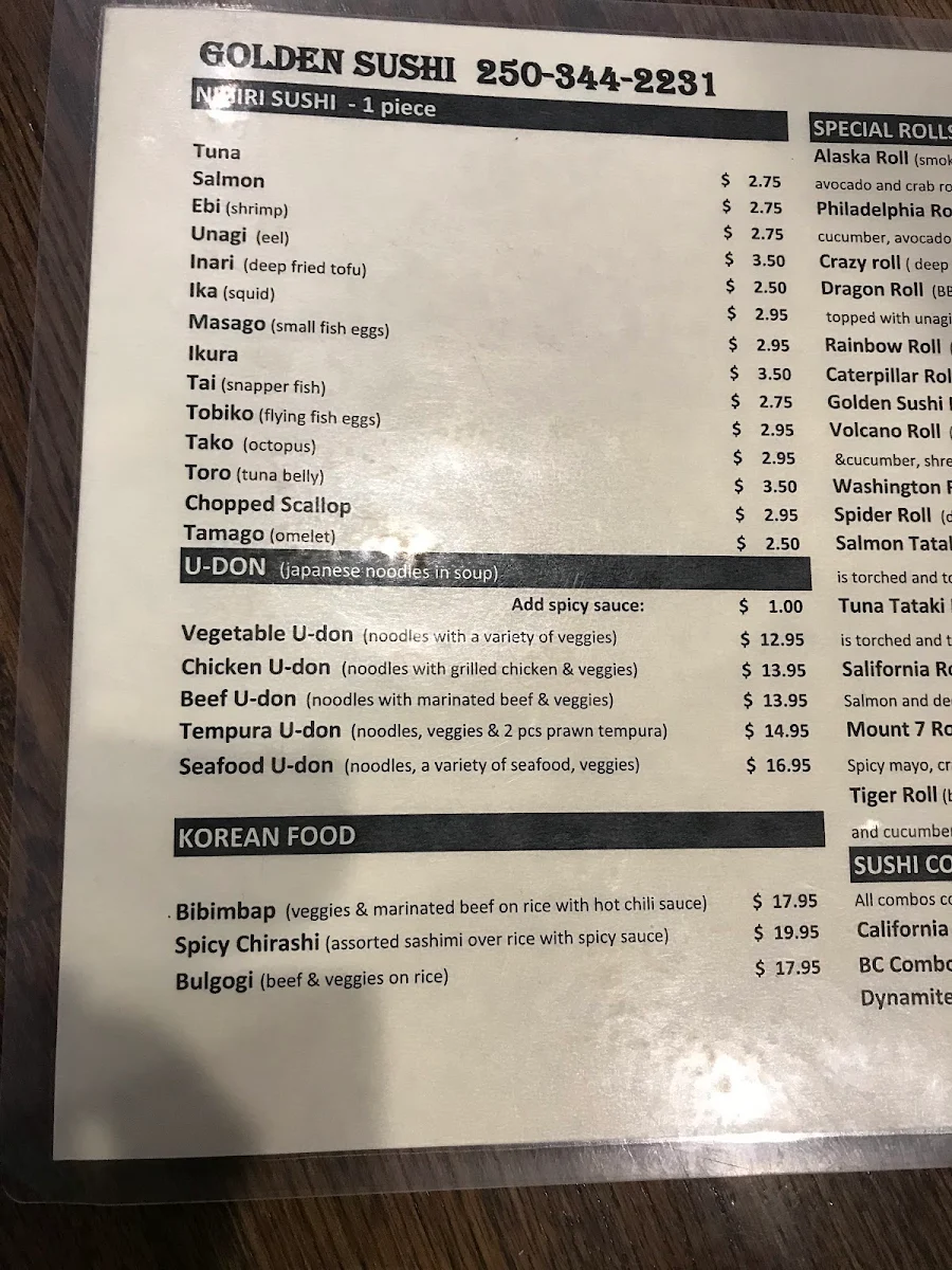 Menu, Golden Sushi
