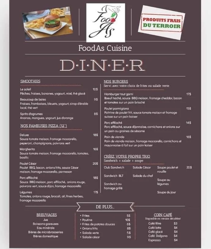 Menu, Foodas Cuisine