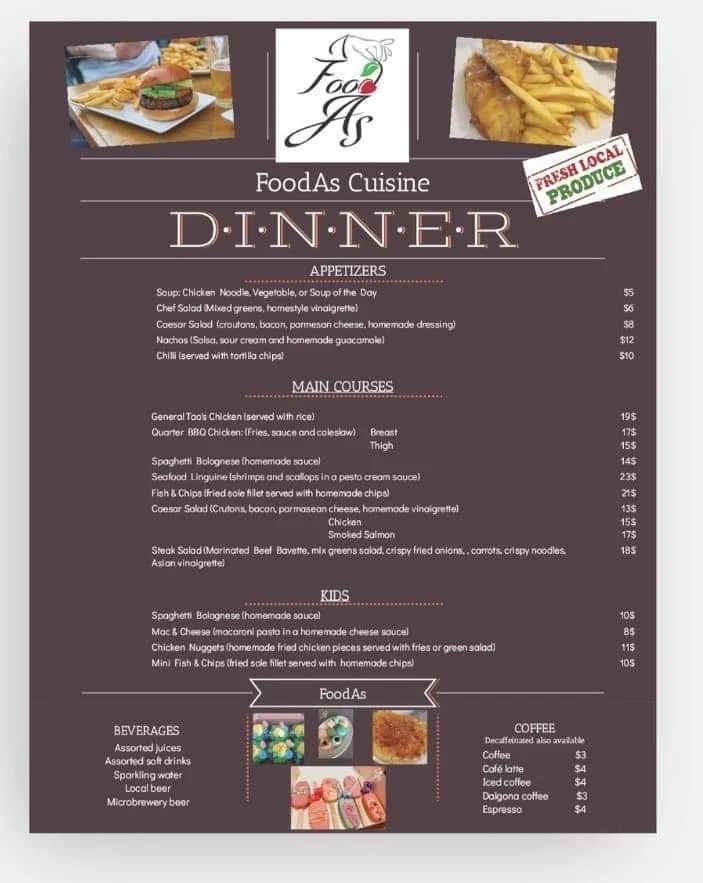 Menu, Foodas Cuisine