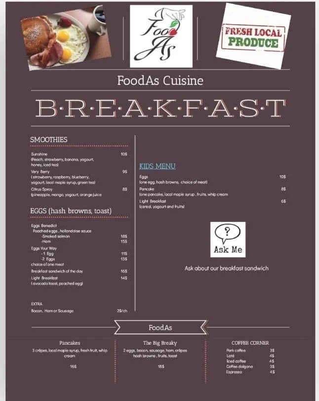 Menu, Foodas Cuisine