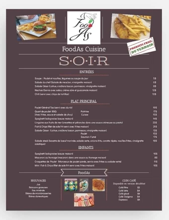 Menu, Foodas Cuisine