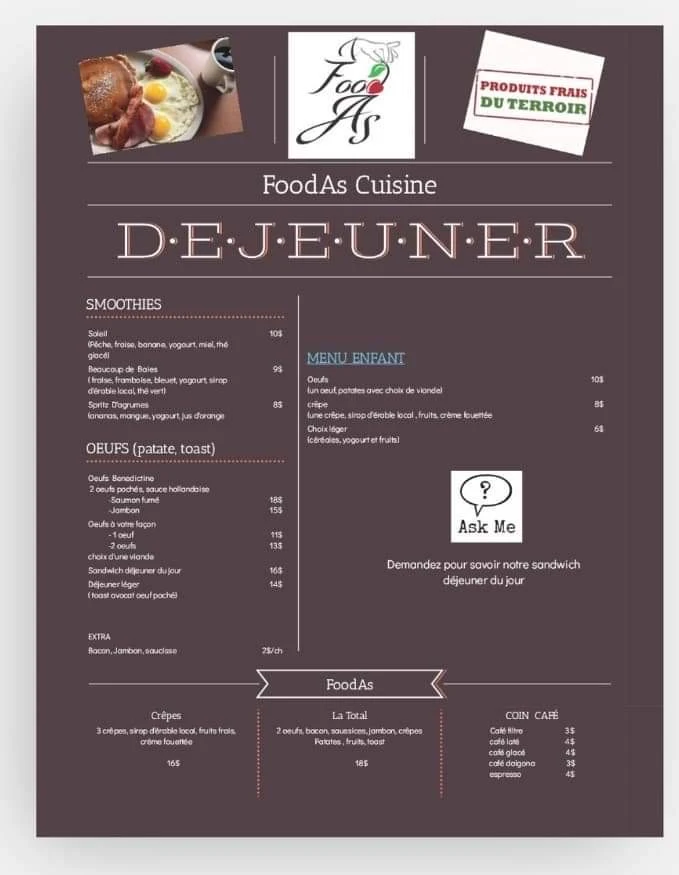 Menu, Foodas Cuisine