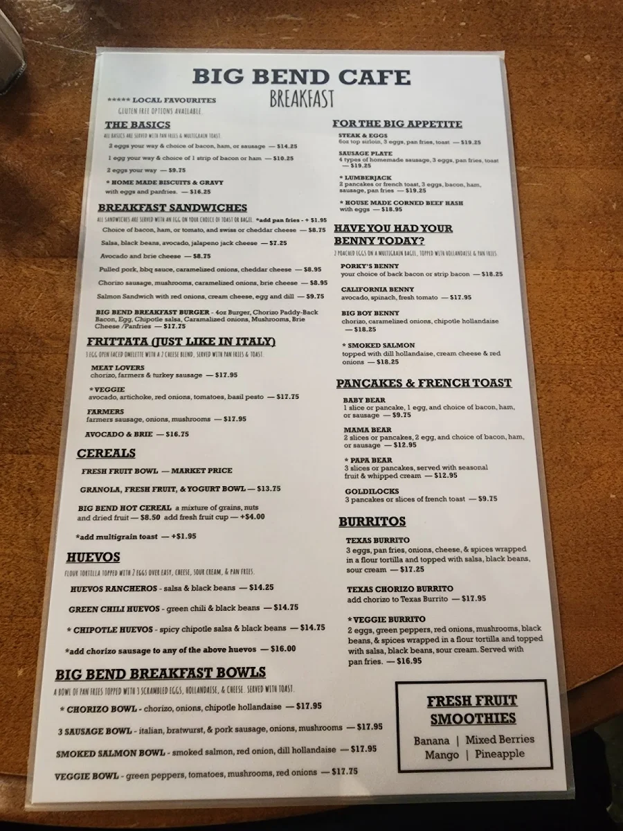 Menu, Big Bend Cafe