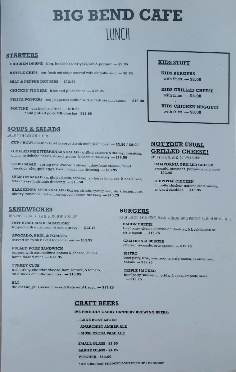 Menu, Big Bend Cafe