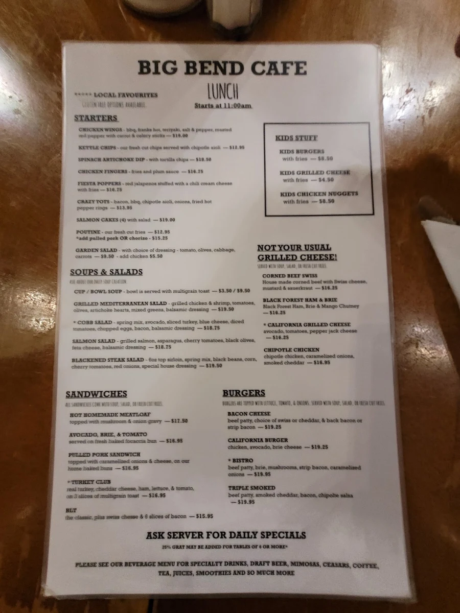 Menu, Big Bend Cafe