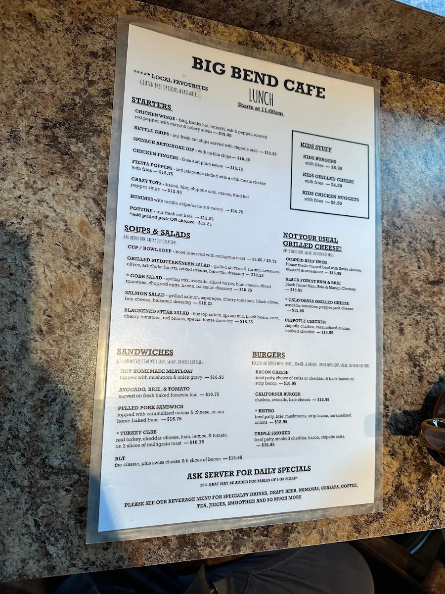 Menu, Big Bend Cafe