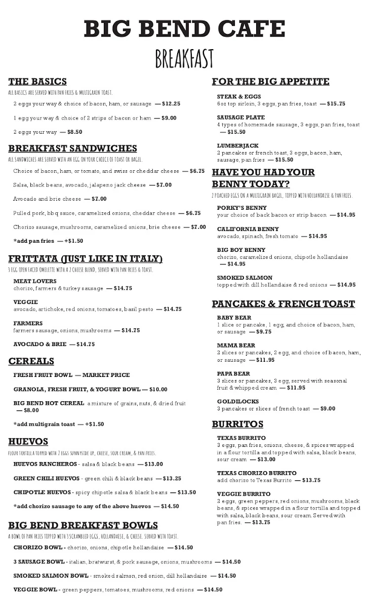 Menu, Big Bend Cafe