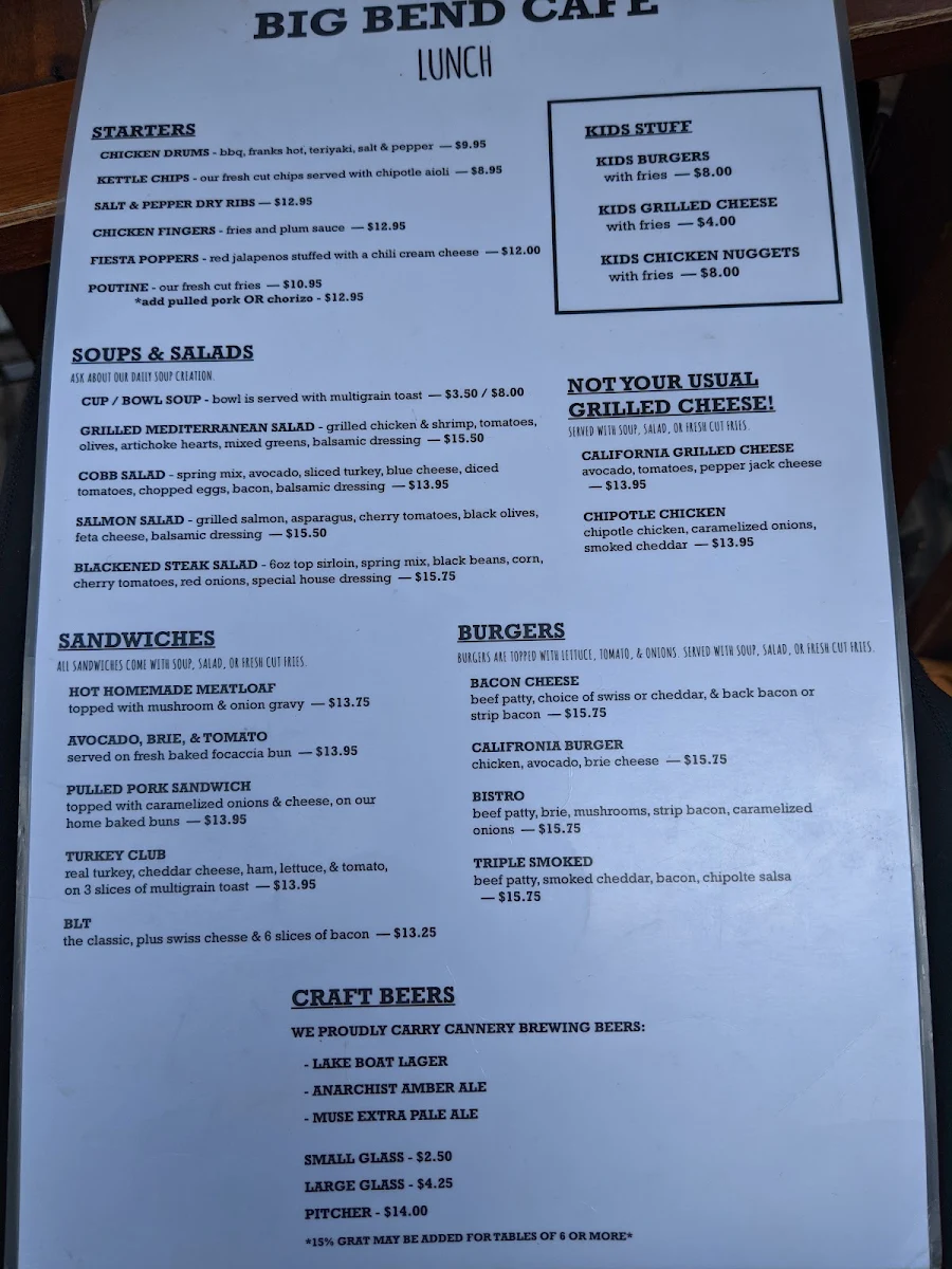 Menu, Big Bend Cafe
