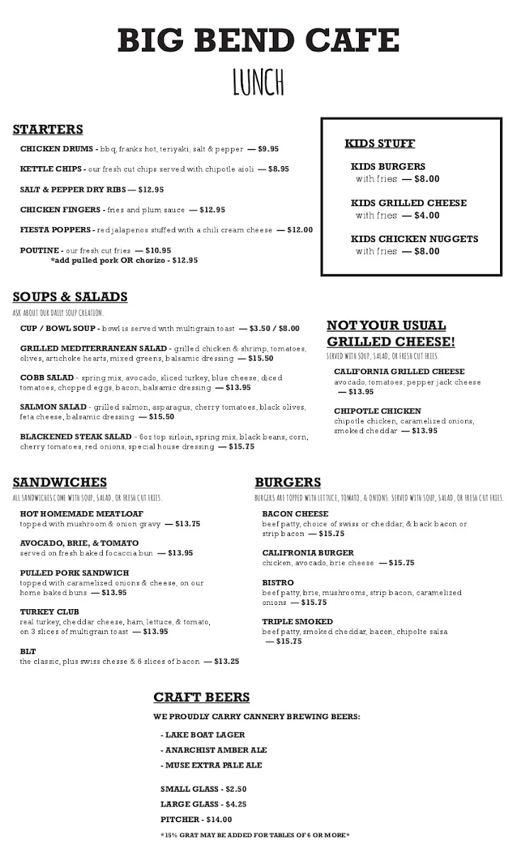 Menu, Big Bend Cafe