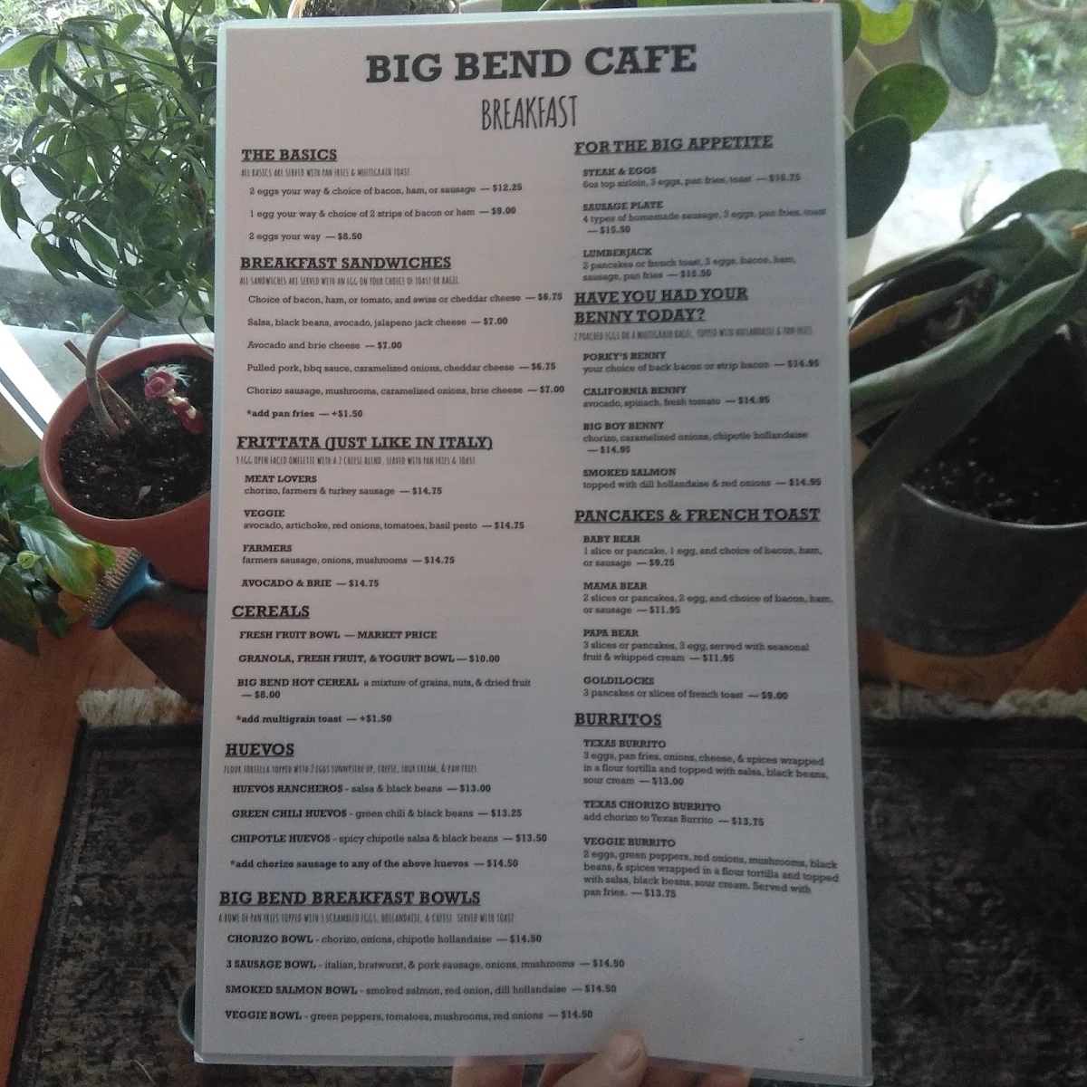 Menu, Big Bend Cafe