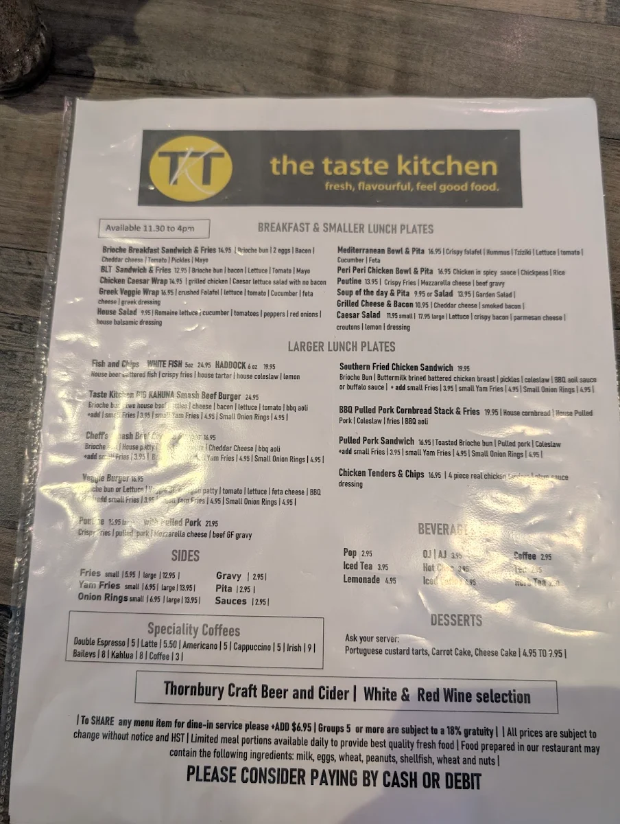 Menu, The Taste Kitchen