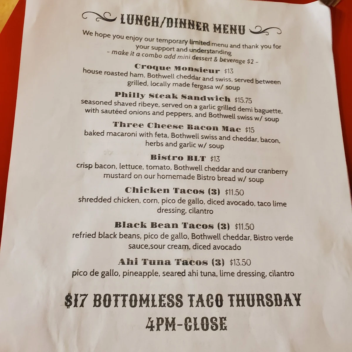 Menu, J’em Bistro (caterer)