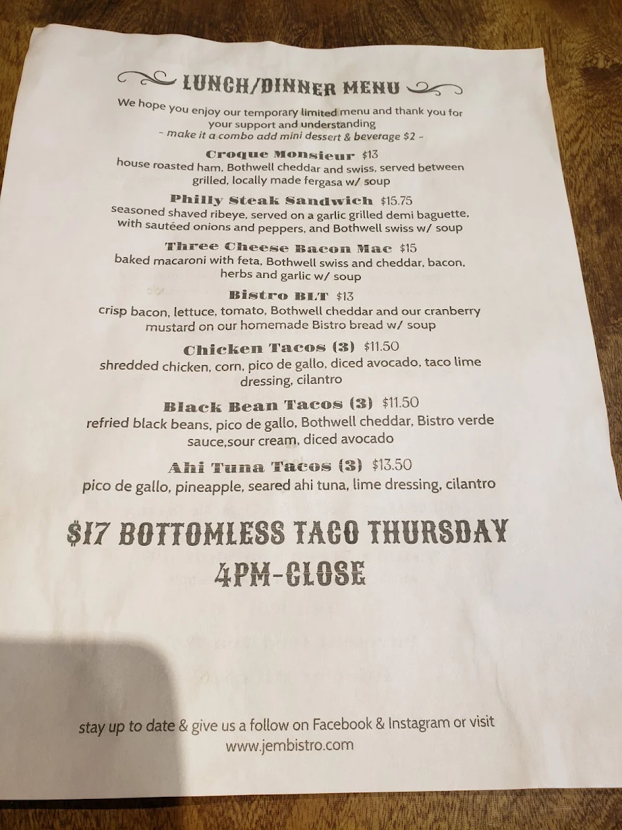 Menu, J’em Bistro (caterer)