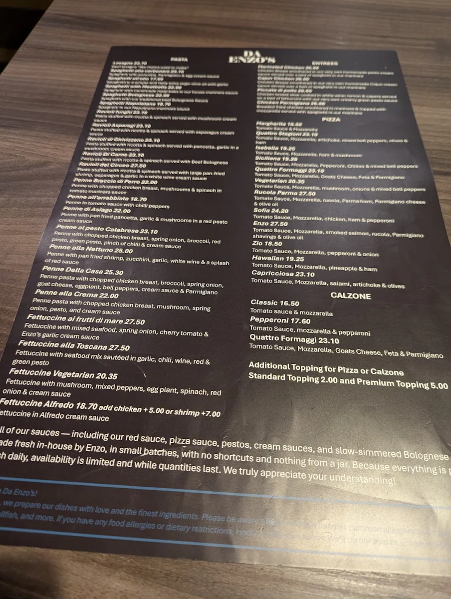 Menu, Da Enzo’s Ristorante