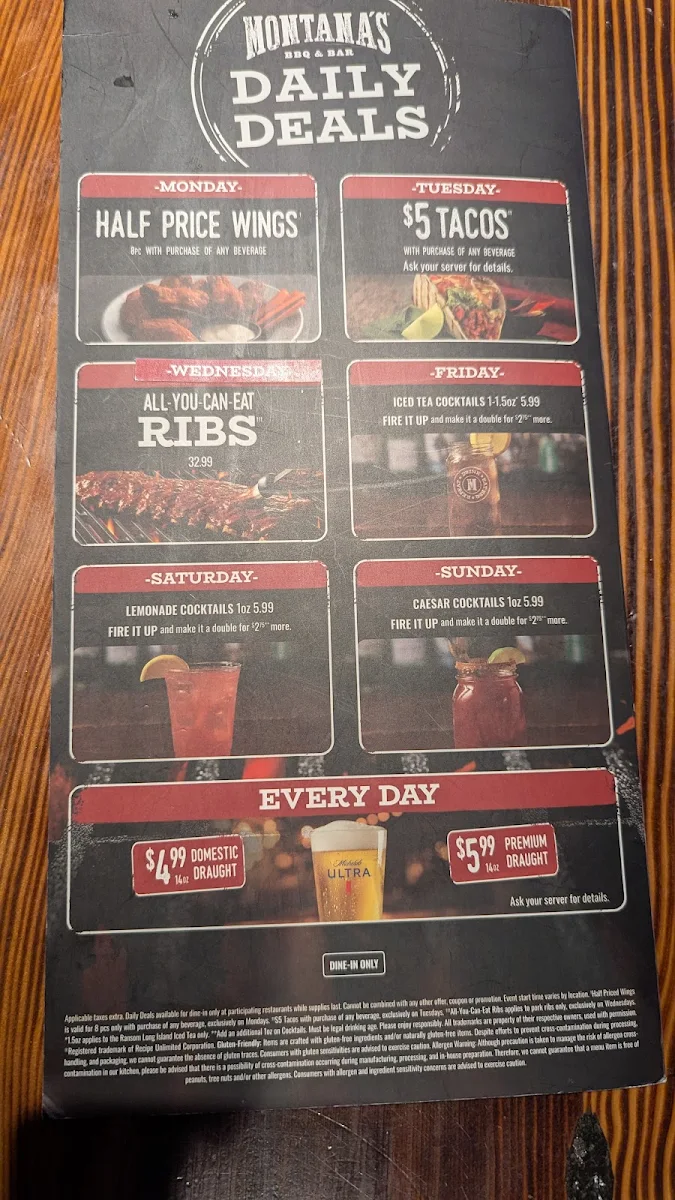 Menu, Montana’s BBQ & Bar