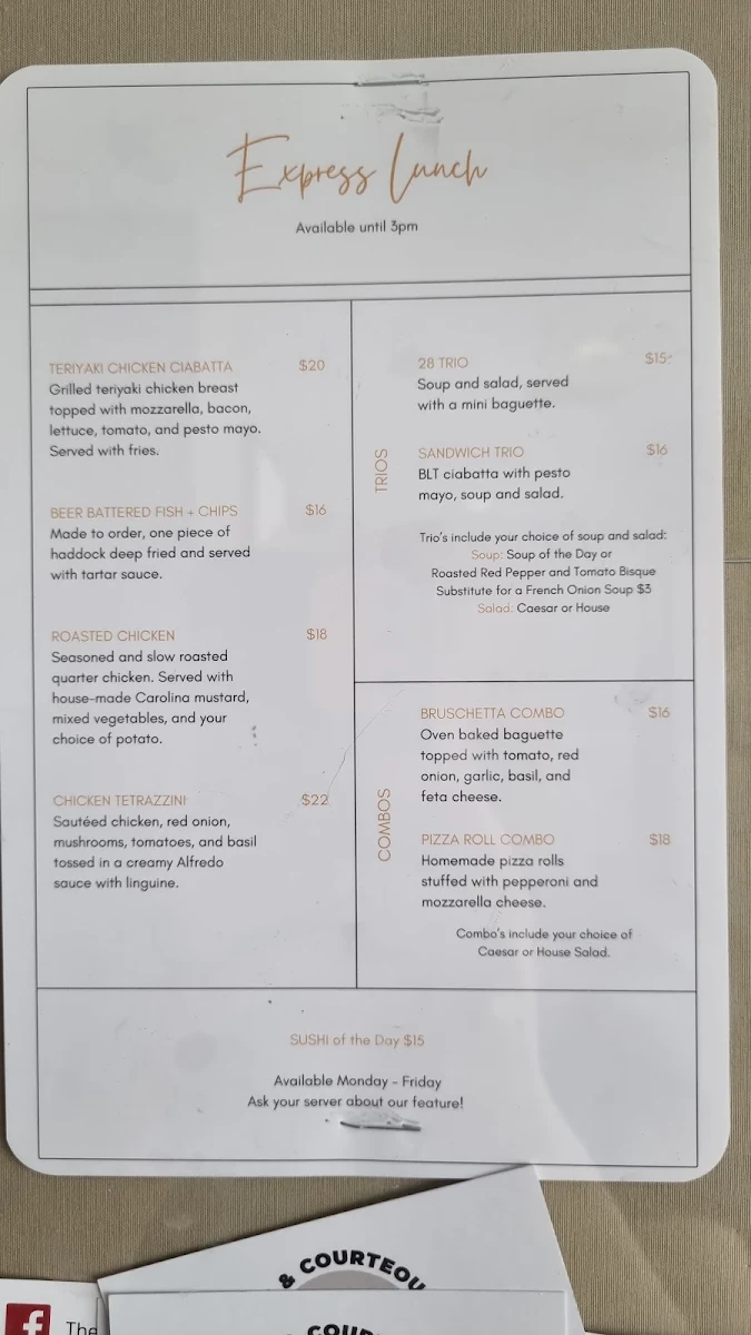 Menu, 28 on the Lake