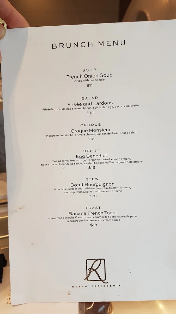 Menu, Ruelo Patisserie