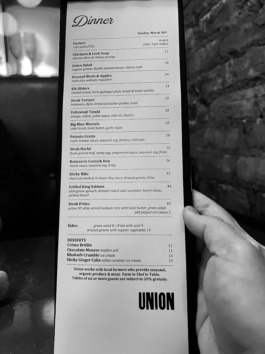 Menu, Union