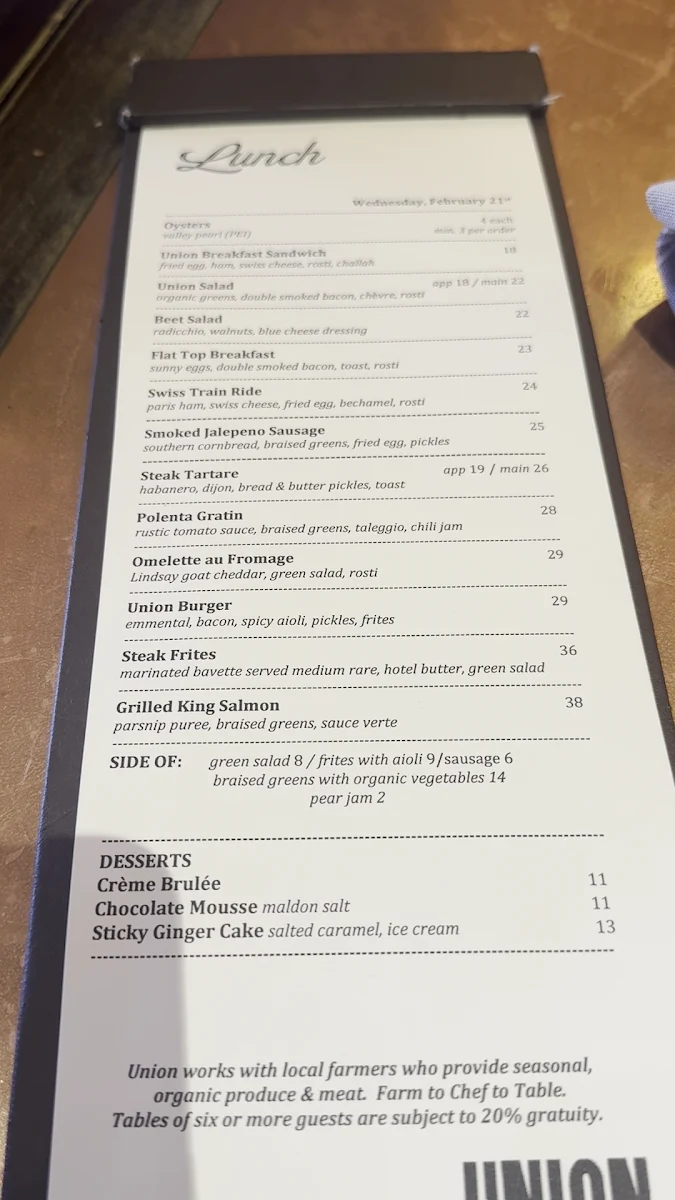 Menu, Union