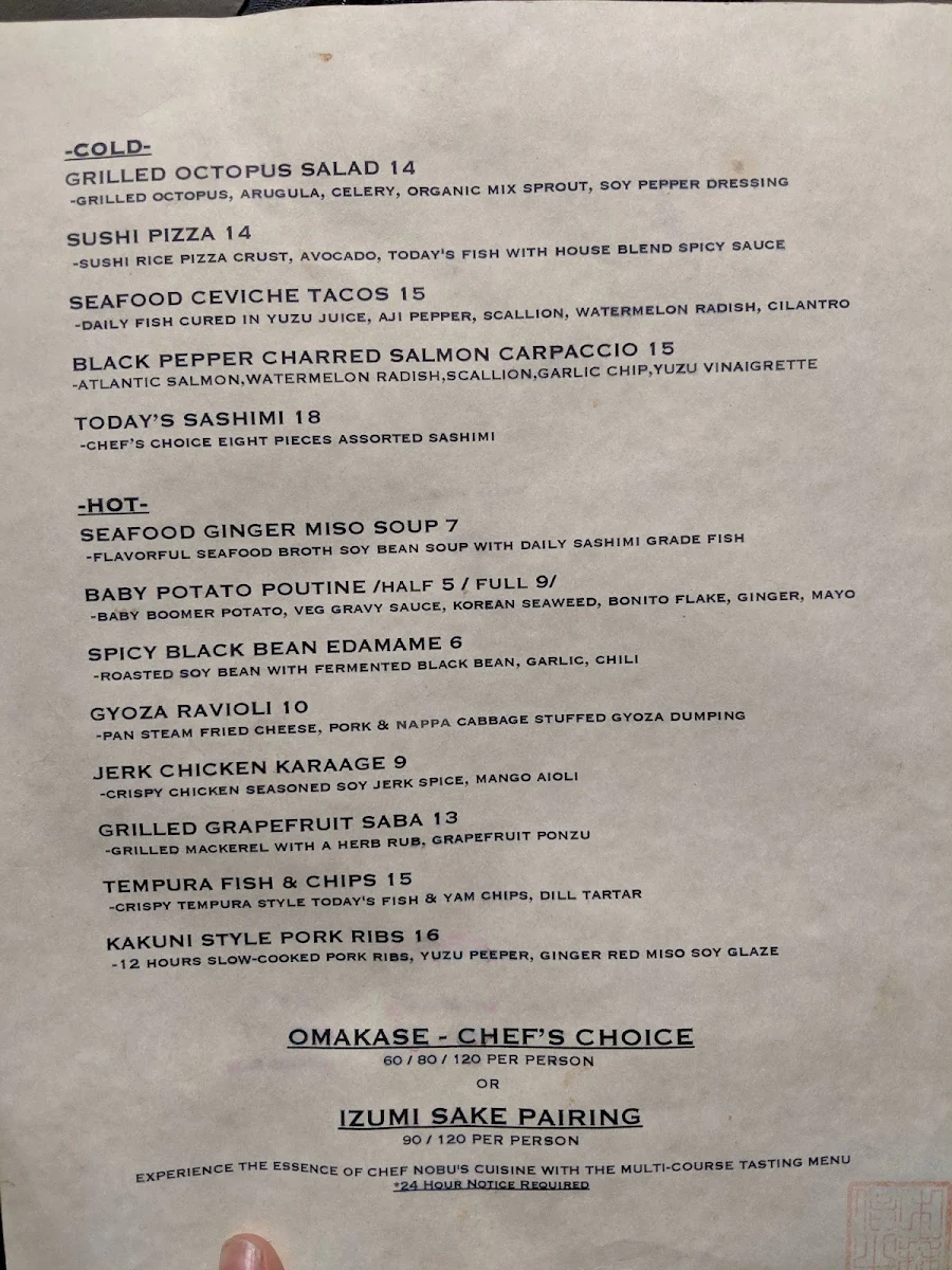 Menu, Nakamori Japanese Restaurant