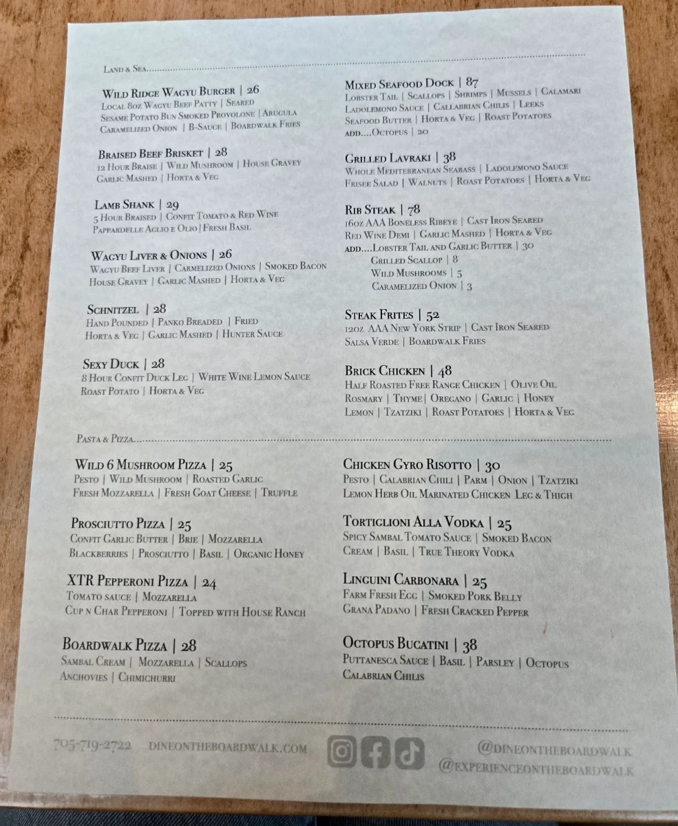 Menu, Boardwalk Restaurant