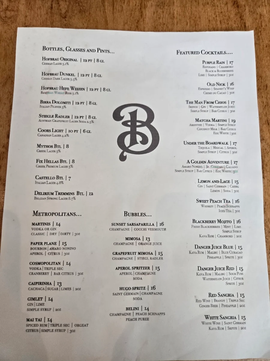 Menu, Boardwalk Restaurant