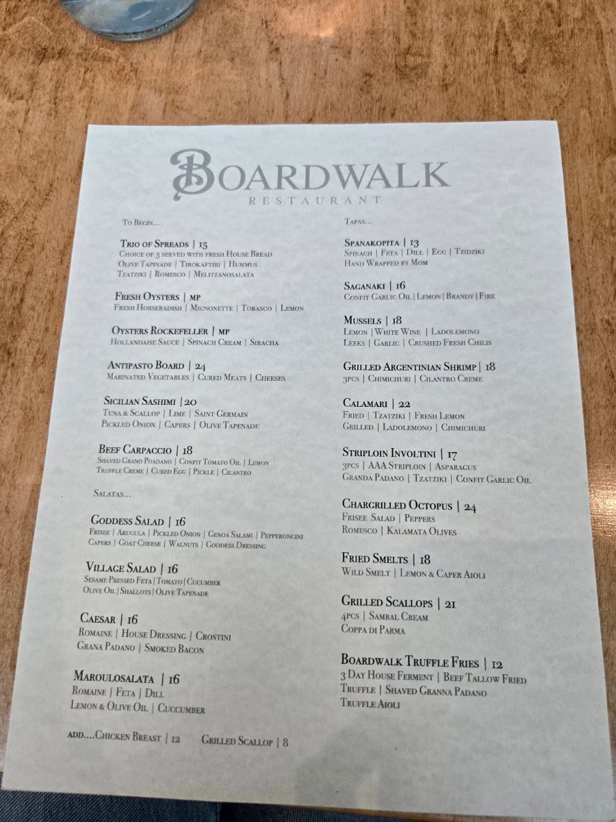 Menu, Boardwalk Restaurant