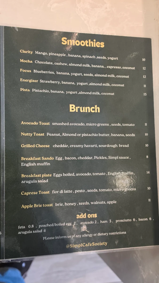 Menu, Simpl Cafe