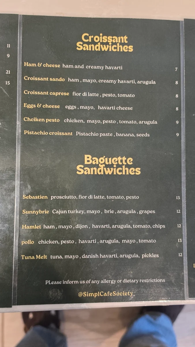 Menu, Simpl Cafe