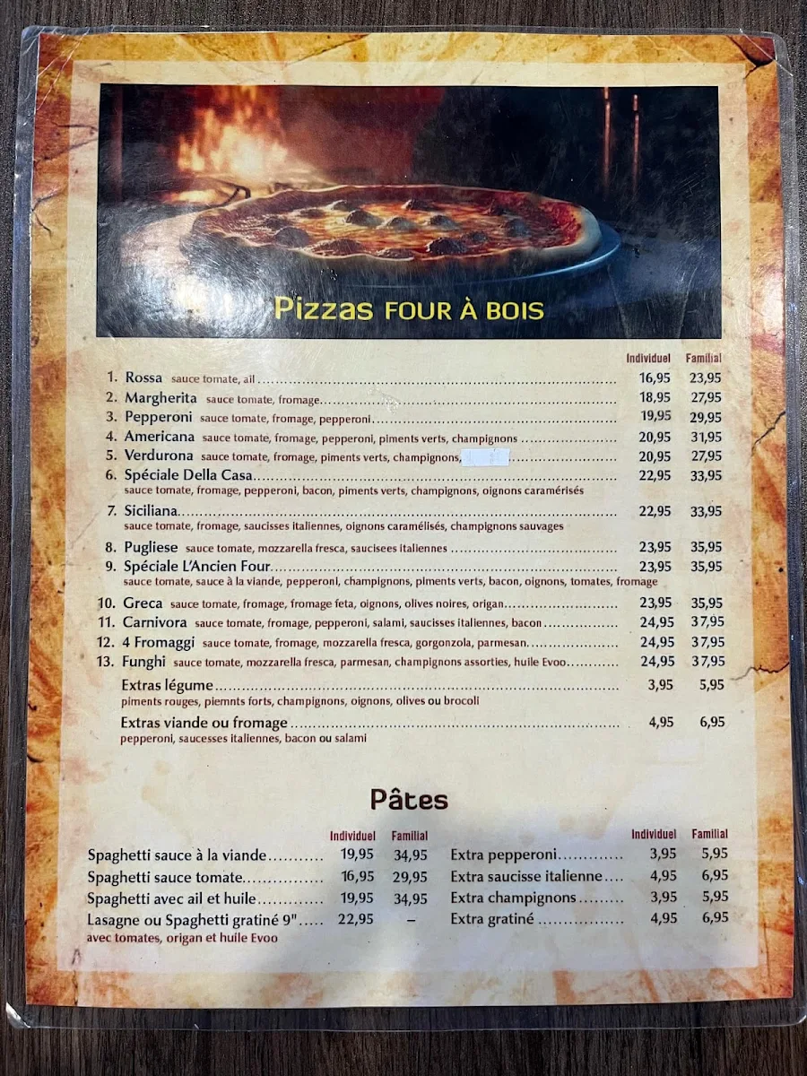 Menu, Ancien Four A Pizza
