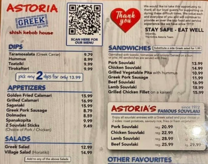 Menu, Astoria Shish Kebob House - Danforth