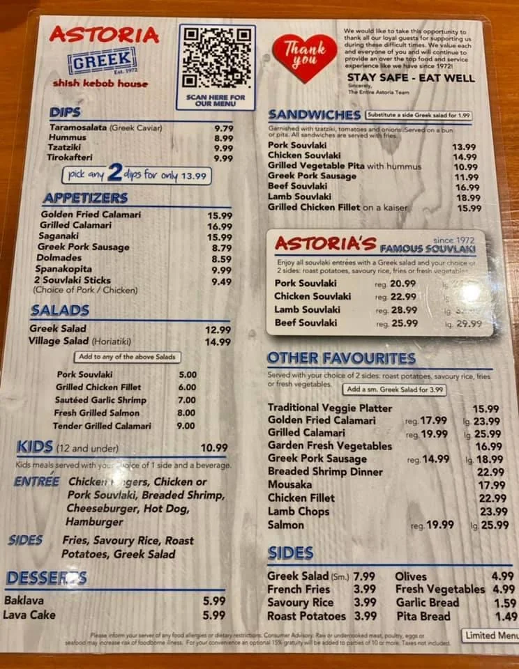 Menu, Astoria Shish Kebob House - Danforth