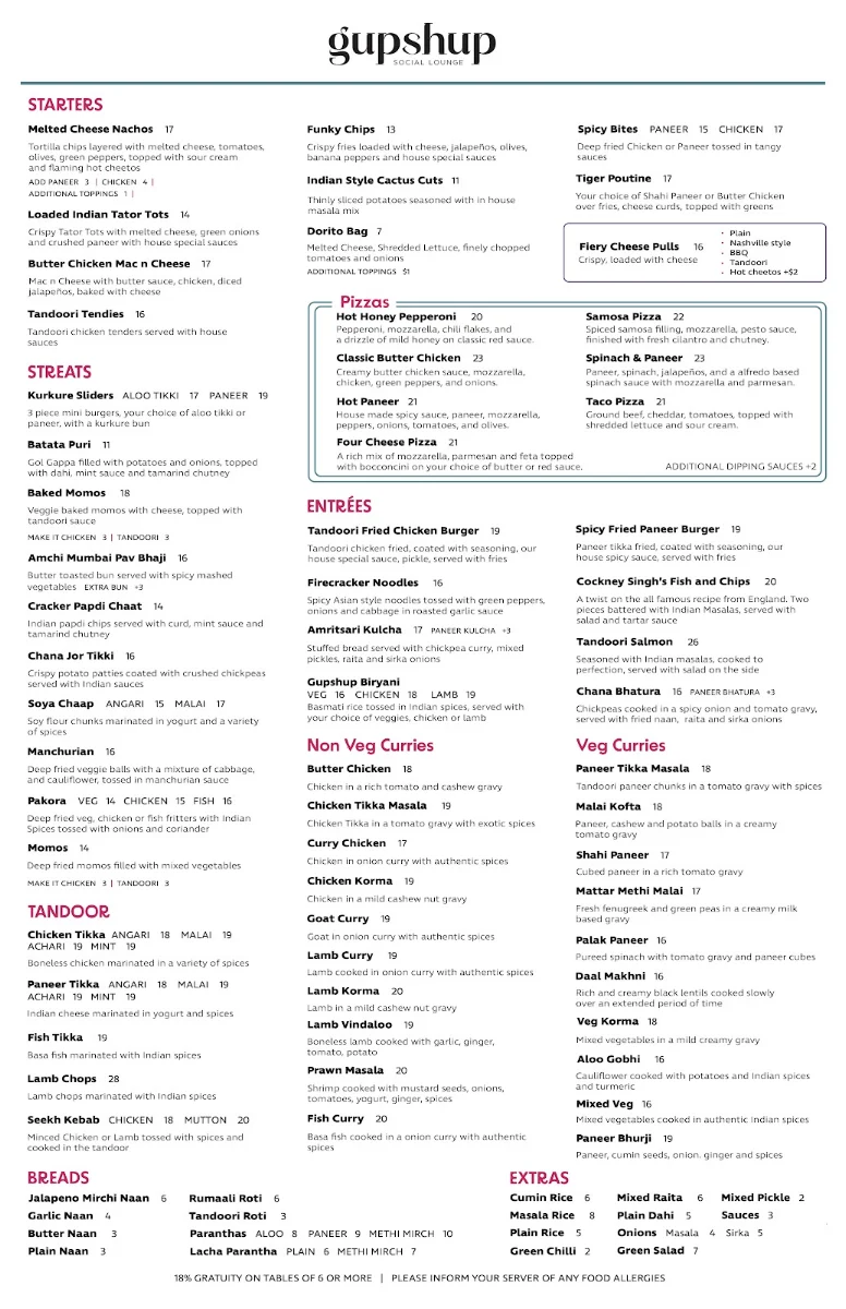 Menu, Gupshup Social Lounge