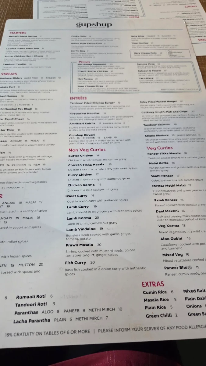 Menu, Gupshup Social Lounge