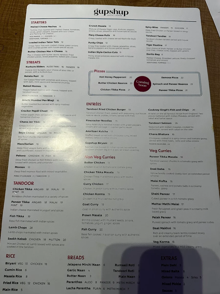Menu, Gupshup Social Lounge