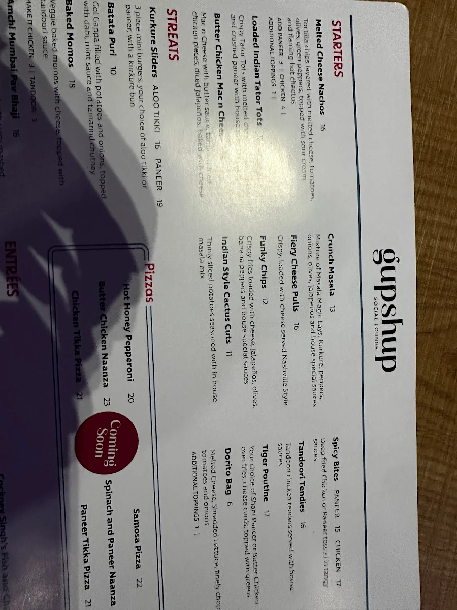 Menu, Gupshup Social Lounge