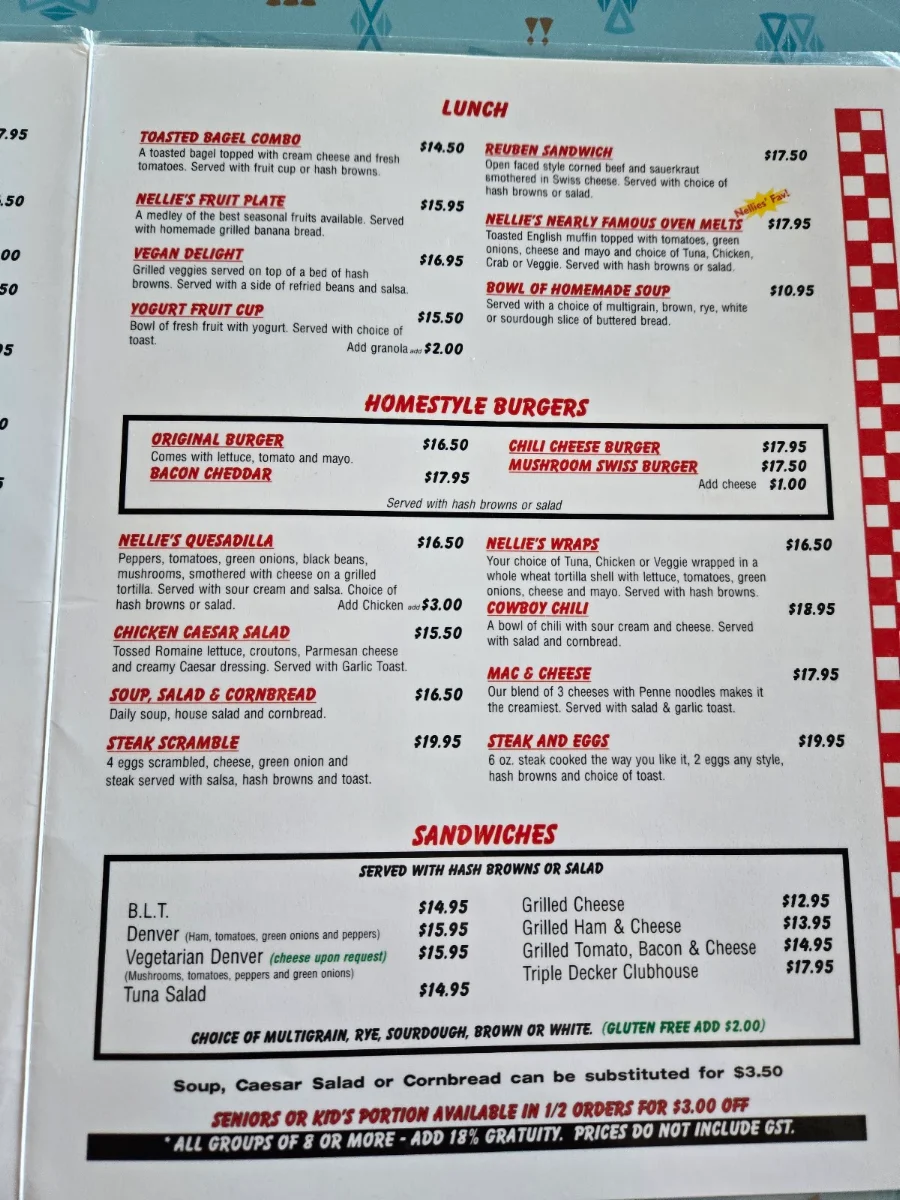 Menu, Nellie’s On 90th