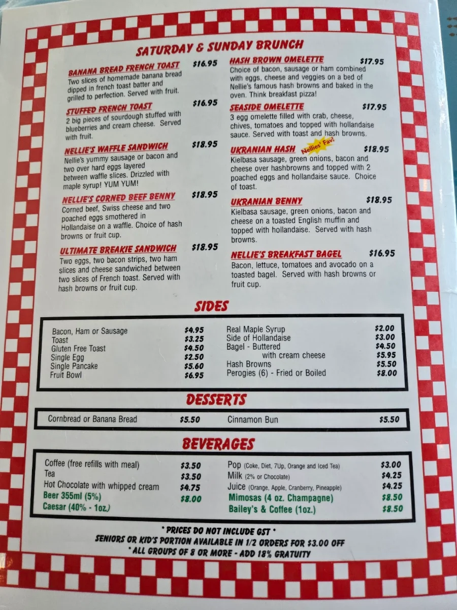 Menu, Nellie’s On 90th