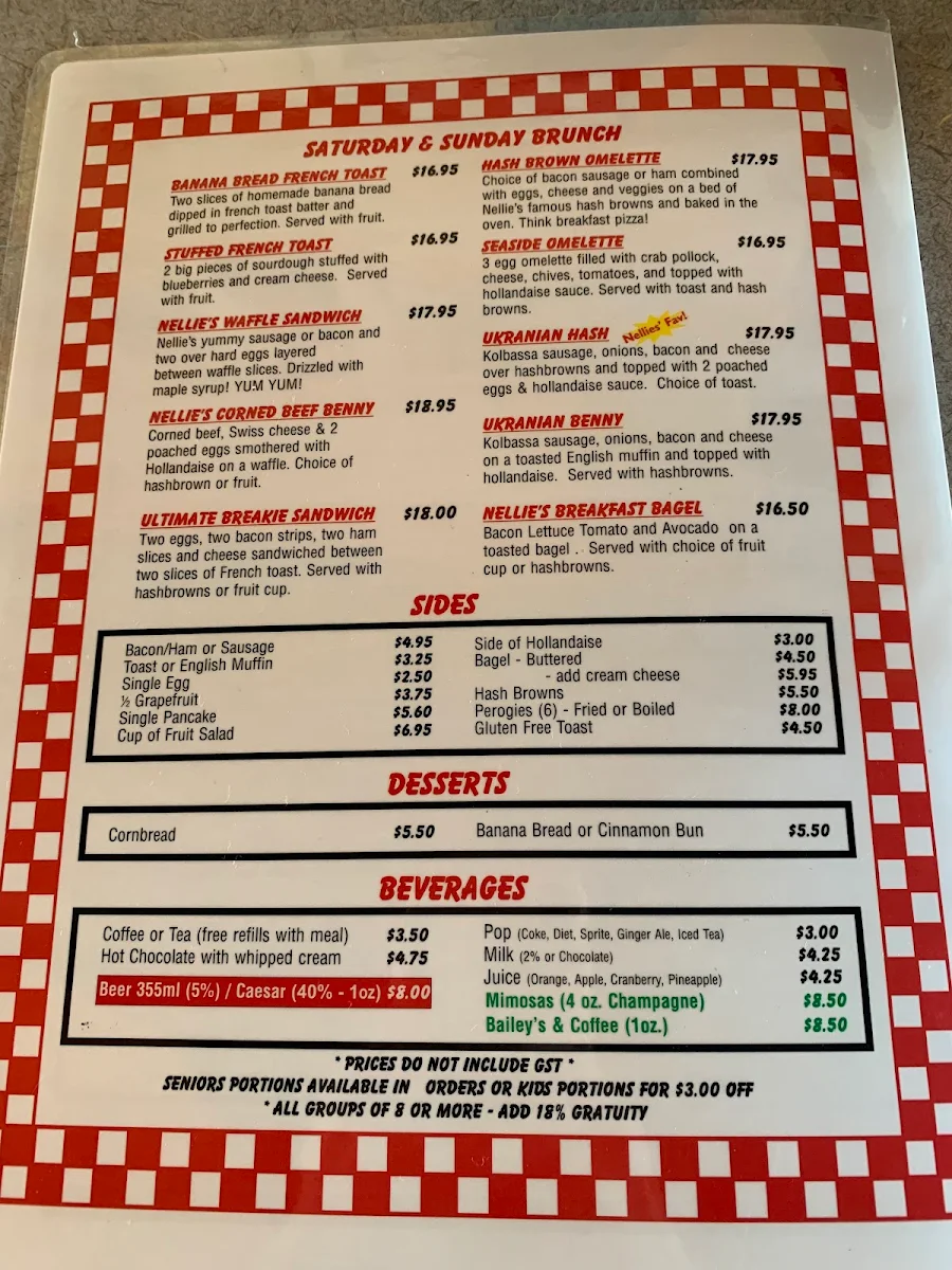 Menu, Nellie’s On 90th