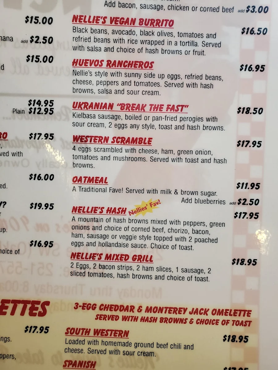 Menu, Nellie’s On 90th