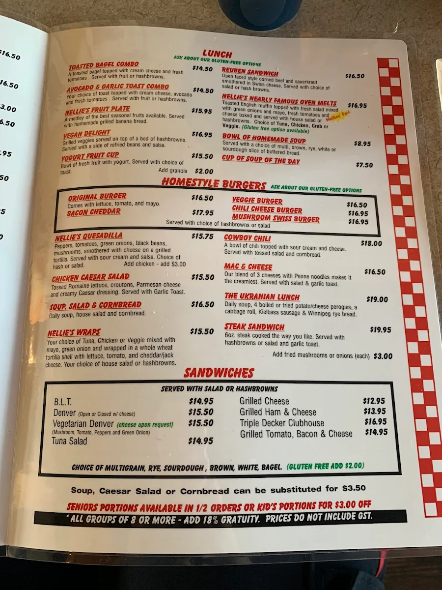 Menu, Nellie’s On 90th
