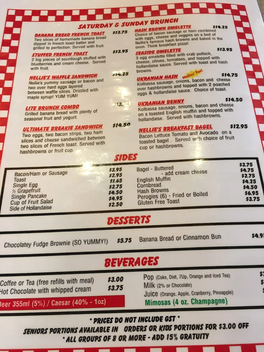 Menu, Nellie’s On 90th
