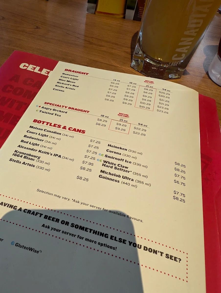 Menu, Boston Pizza