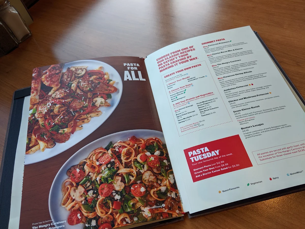 Menu, Boston Pizza