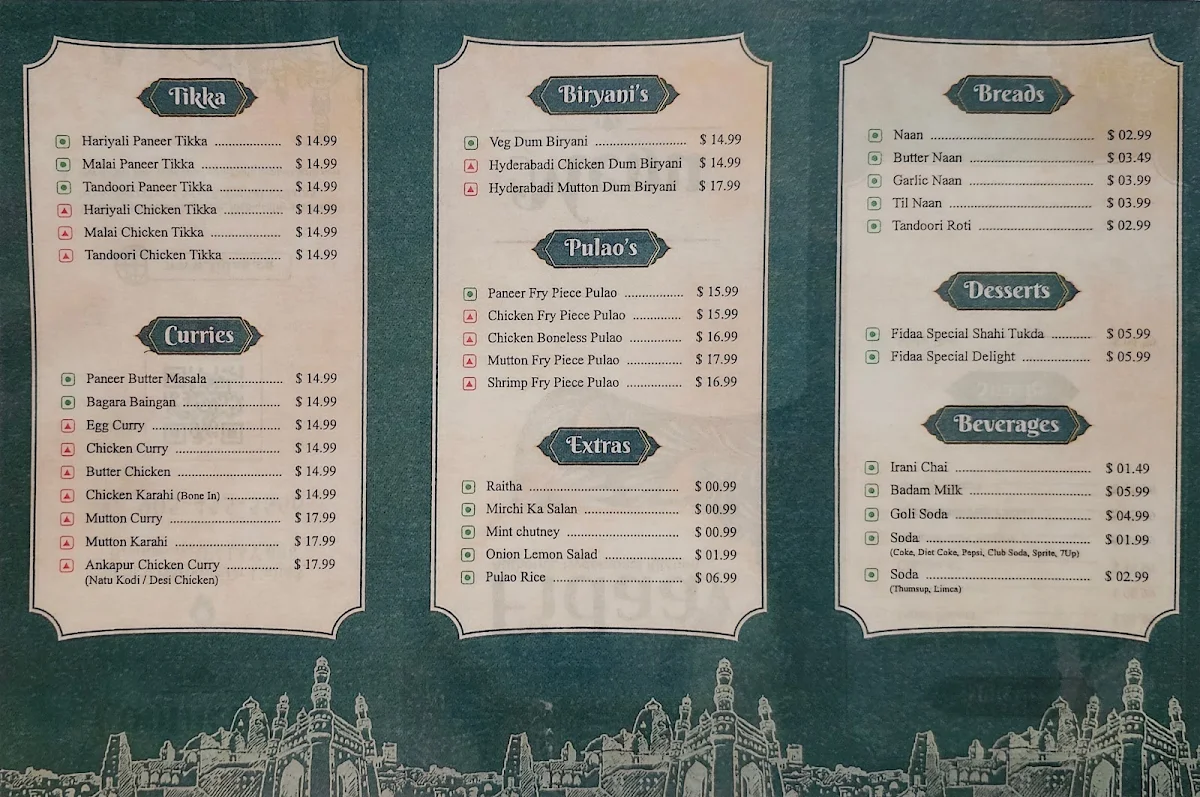 Menu, Fidaa Authentic Hyderabadi Kitchen
