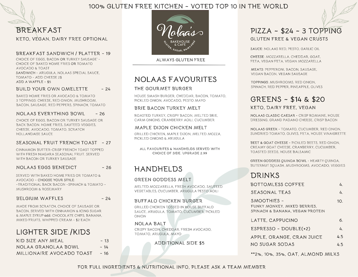 Menu, Nolaas Gluten Free Bakehouse & Cafe