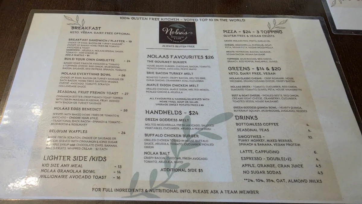 Menu, Nolaas Gluten Free Bakehouse & Cafe