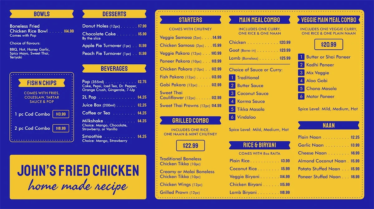 Menu, John's Fried Chicken Chilliwack